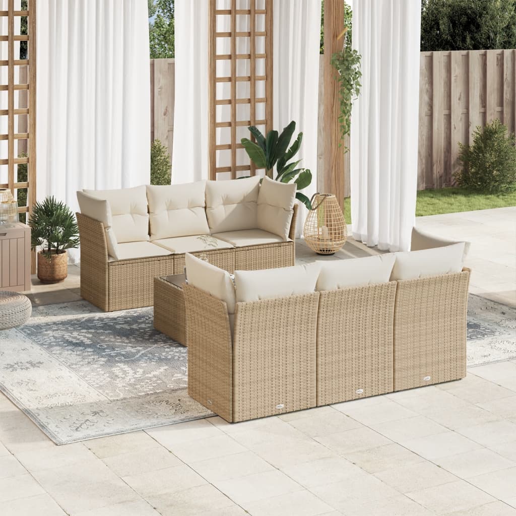 7-delige Loungeset met kussens poly rattan beige – afbeelding 1