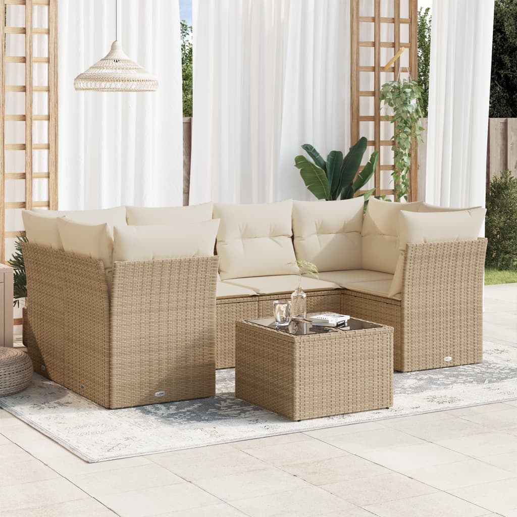 7-delige Loungeset met kussens poly rattan beige – afbeelding 1