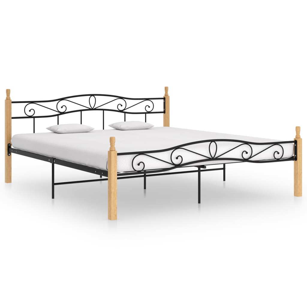 Bedframe metaal en massief eikenhout zwart 200x200 cm – afbeelding 1