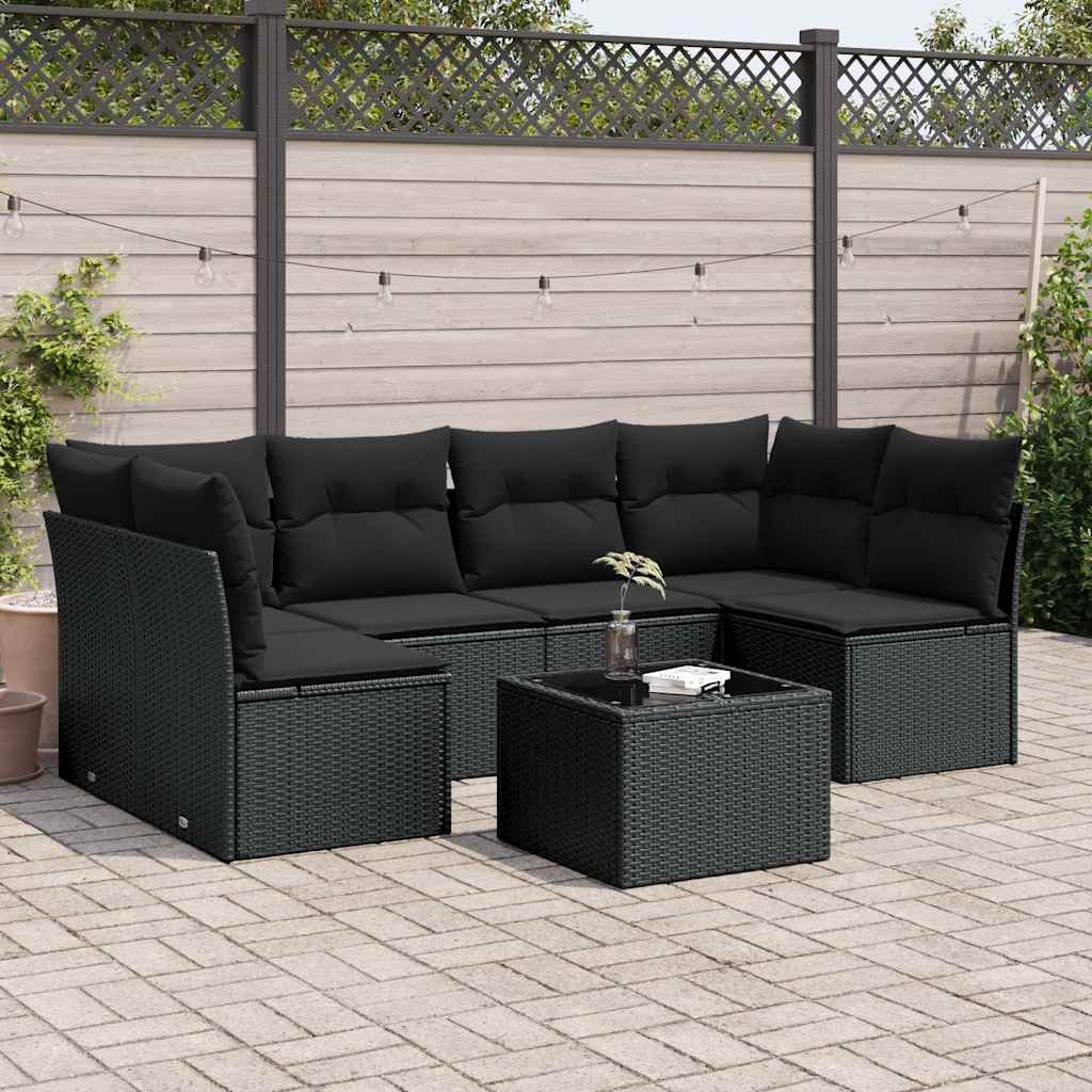 7-delige Loungeset met kussens poly rattan zwart