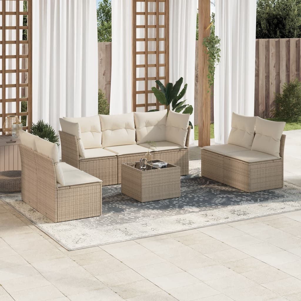 8-delige Loungeset met kussens poly rattan beige – afbeelding 1