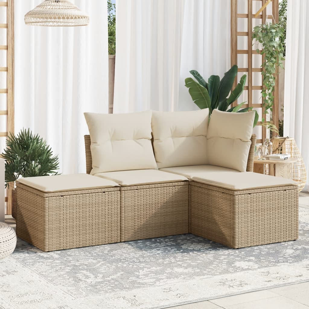 4-delige Loungeset met kussens poly rattan beige – afbeelding 1