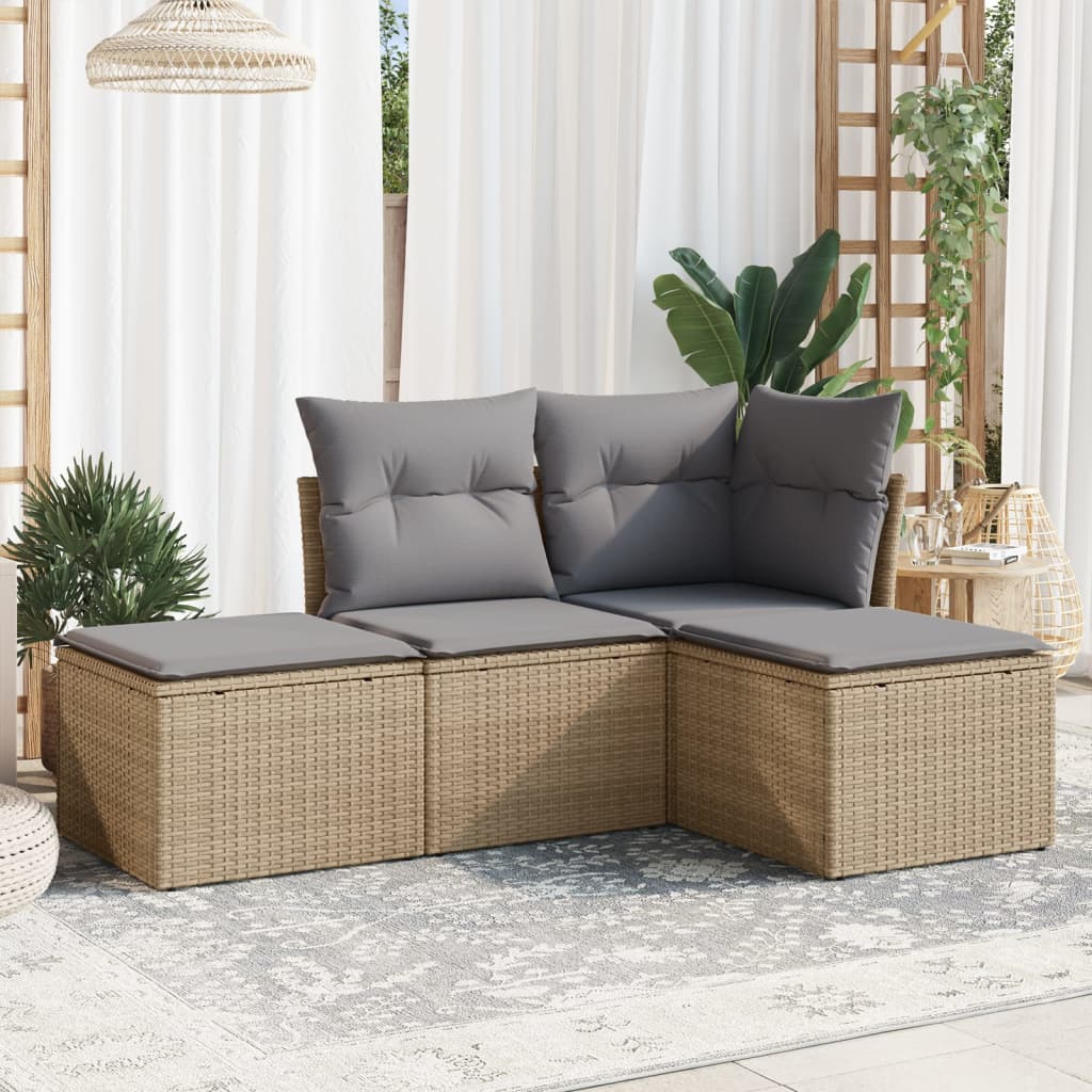 4-delige Loungeset met kussens poly rattan beige – afbeelding 1