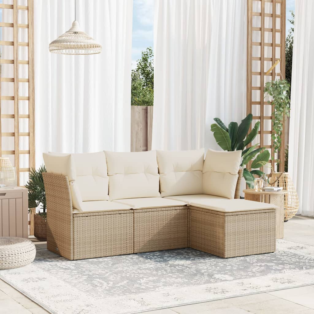 4-delige Loungeset met kussens poly rattan beige – afbeelding 1