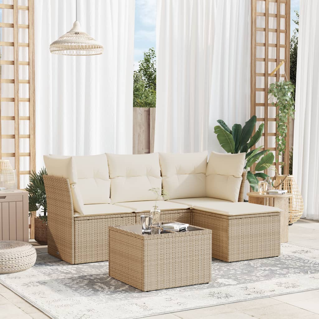 5-delige Loungeset met kussens poly rattan beige – afbeelding 1