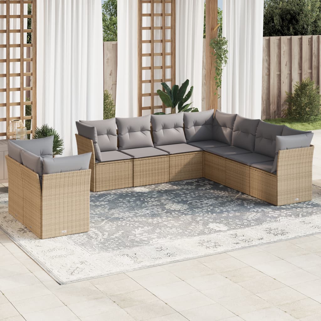 9-delige Loungeset met kussens poly rattan beige – afbeelding 1