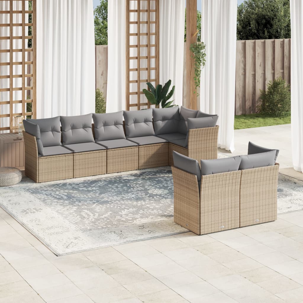 8-delige Loungeset met kussens poly rattan beige – afbeelding 1