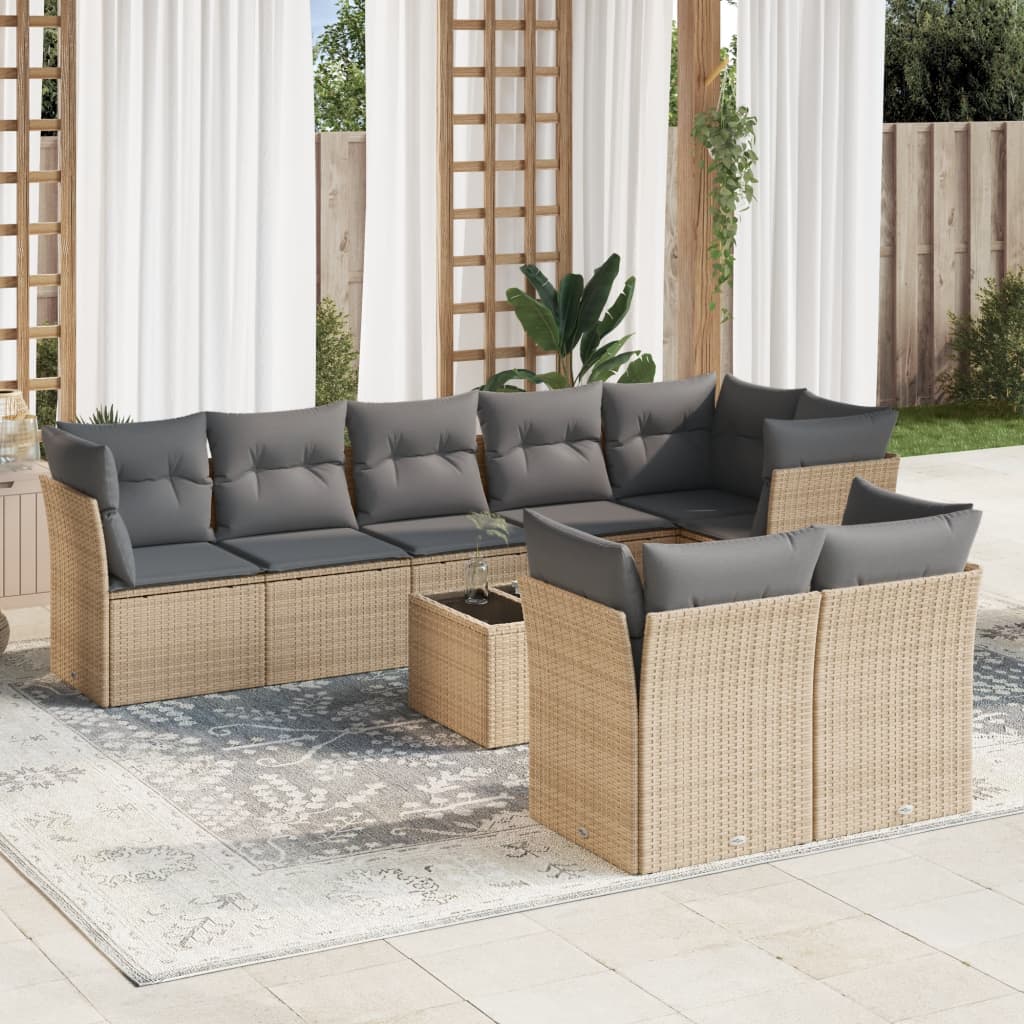 9-delige Loungeset met kussens poly rattan beige – afbeelding 1