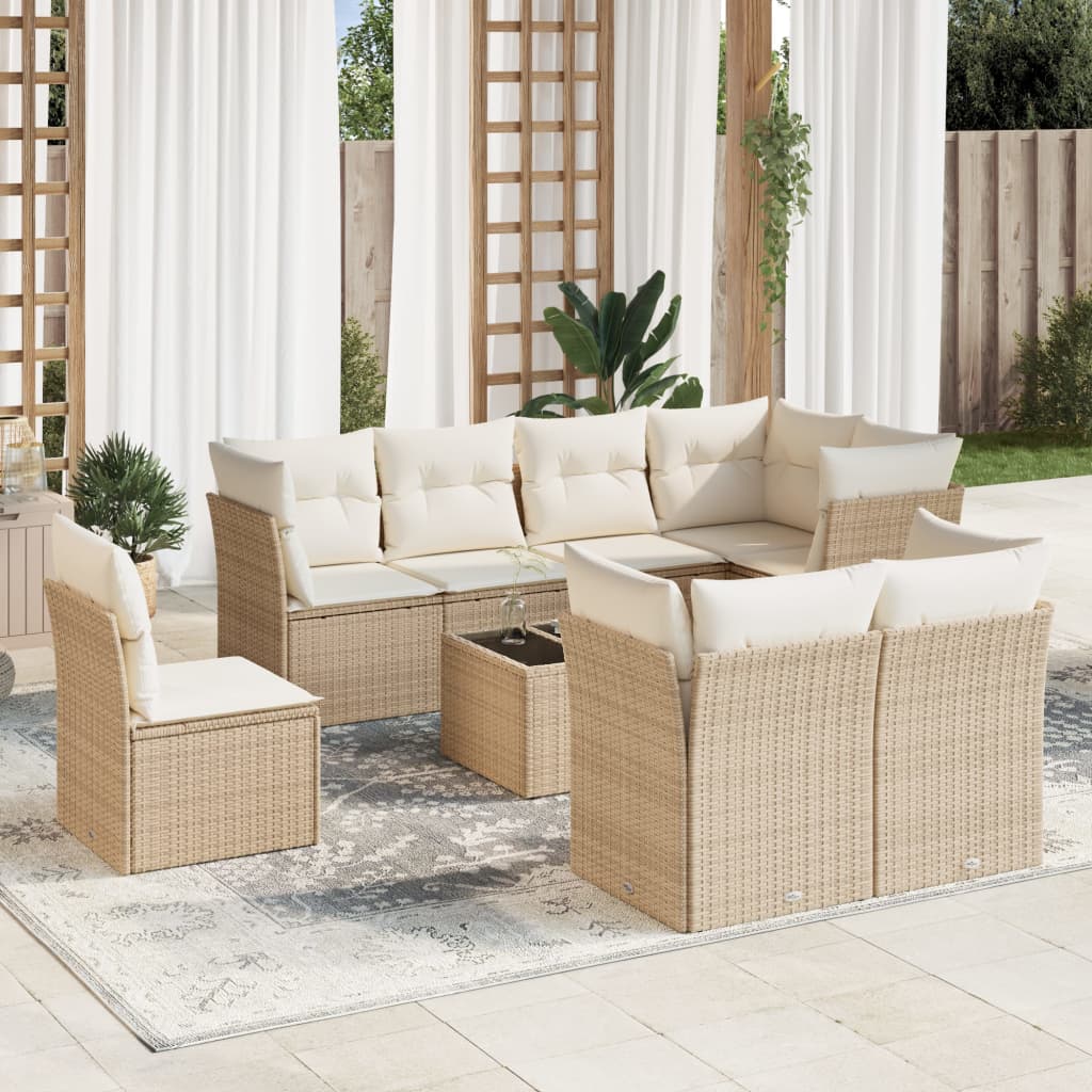 9-delige Loungeset met kussens poly rattan beige