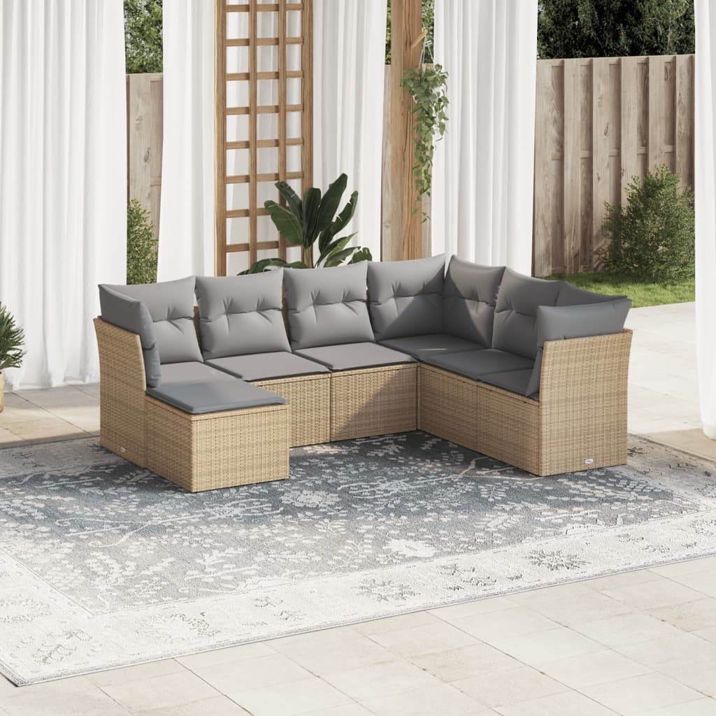 7-delige Loungeset met kussens poly rattan beige – afbeelding 1
