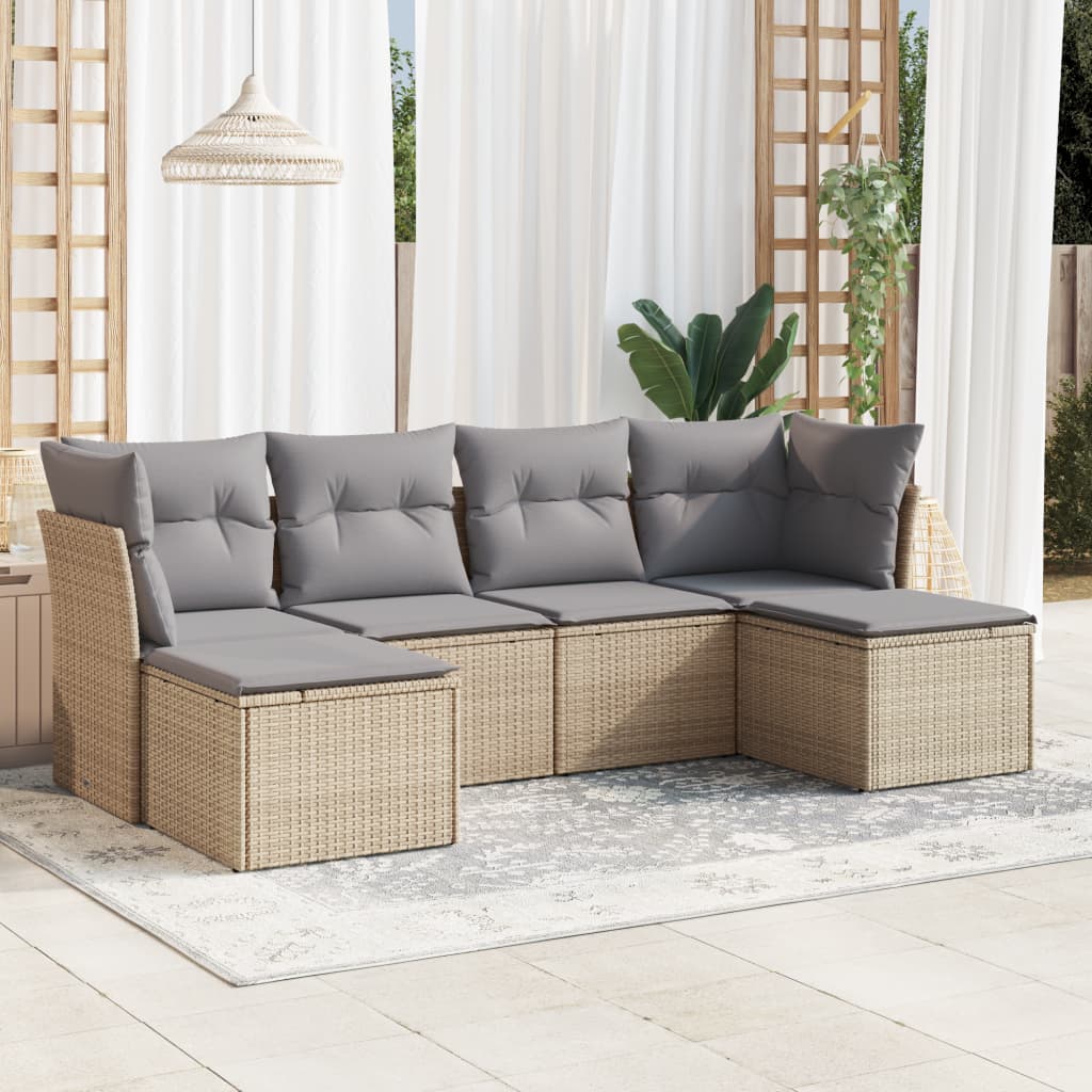 6-delige Loungeset met kussens poly rattan beige – afbeelding 1