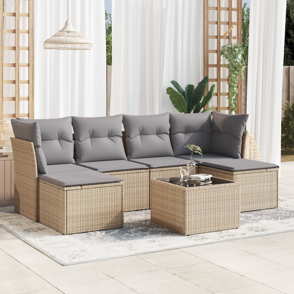 7-delige Loungeset met kussens poly rattan beige – afbeelding 1