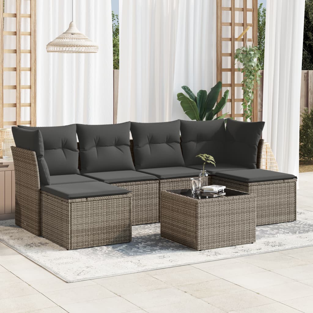 7-delige Loungeset met kussens poly rattan grijs