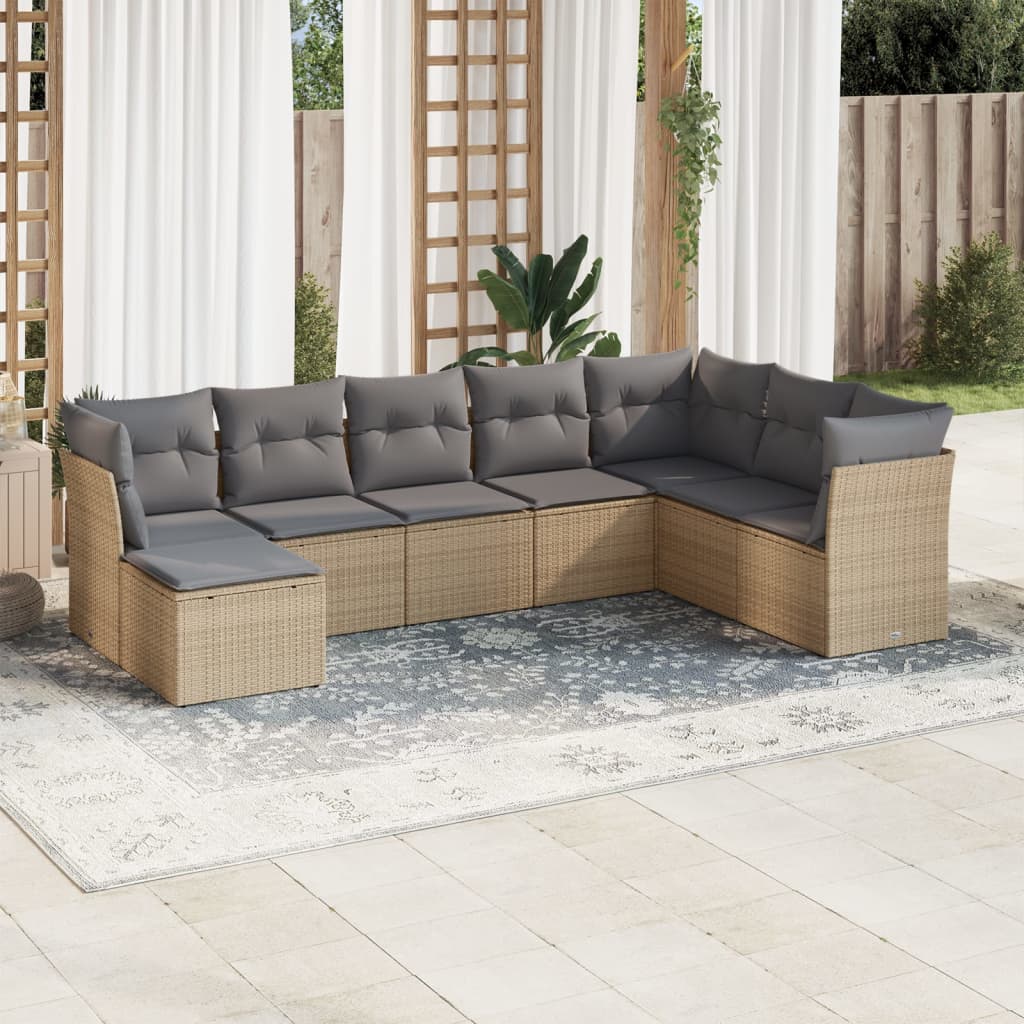 8-delige Loungeset met kussens poly rattan beige – afbeelding 1