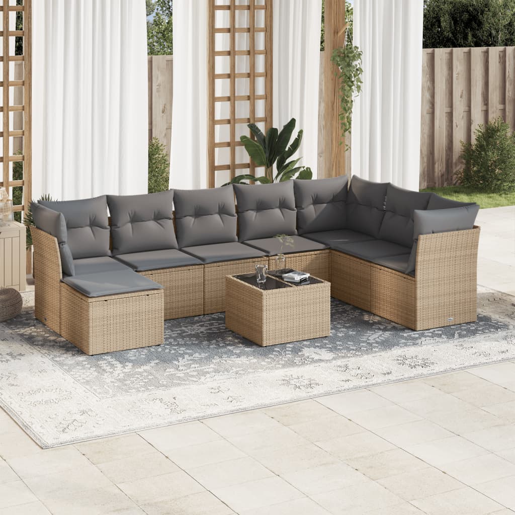 9-delige Loungeset met kussens poly rattan beige – afbeelding 1