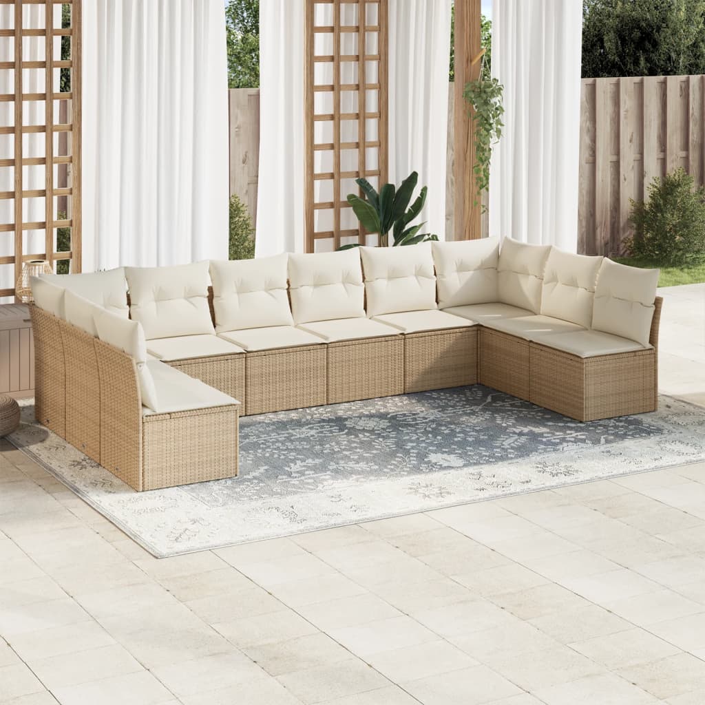 10-delige Loungeset met kussens poly rattan beige – afbeelding 1