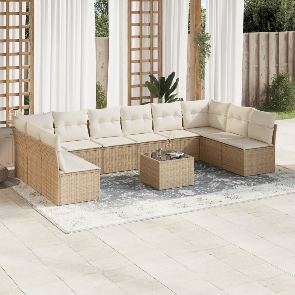 11-delige Tuinset met kussens poly rattan beige – afbeelding 1