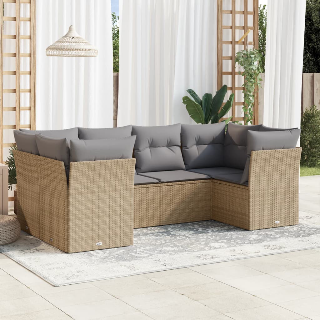 6-delige Loungeset met kussens poly rattan beige – afbeelding 1