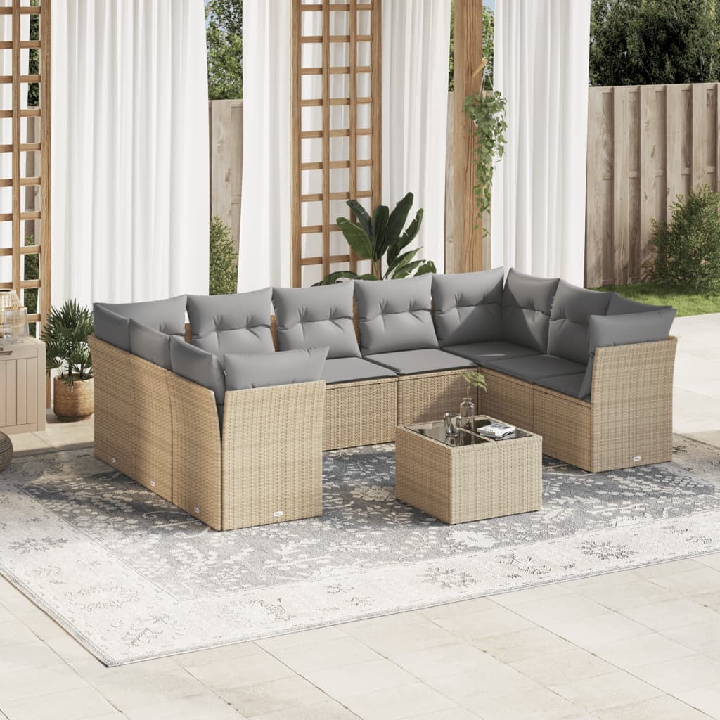 10-delige Loungeset met kussens poly rattan beige – afbeelding 1