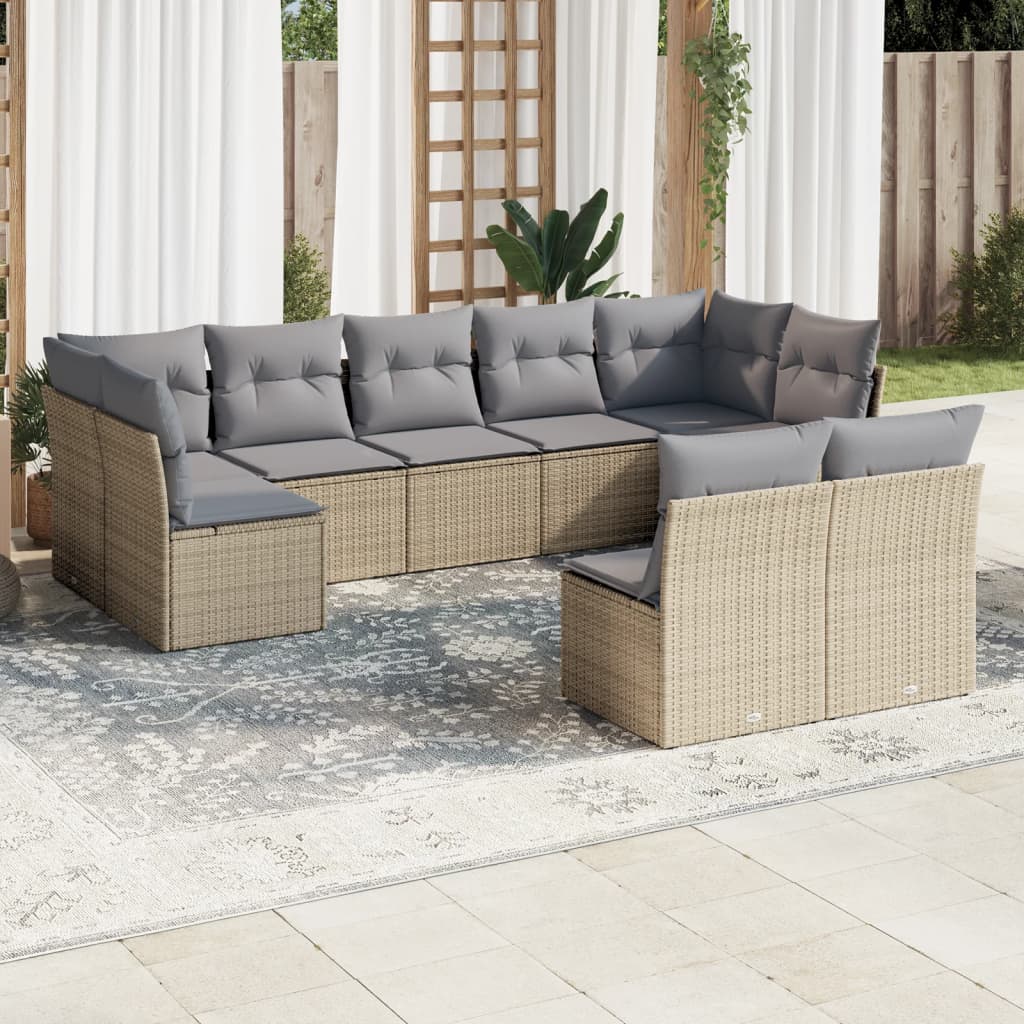 9-delige Loungeset met kussens poly rattan beige – afbeelding 1