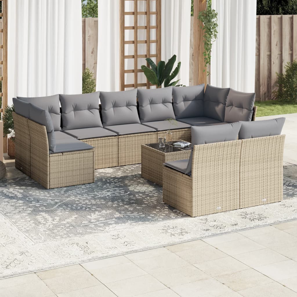 10-delige Loungeset met kussens poly rattan beige – afbeelding 1