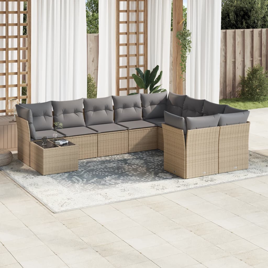 10-delige Loungeset met kussens poly rattan beige – afbeelding 1