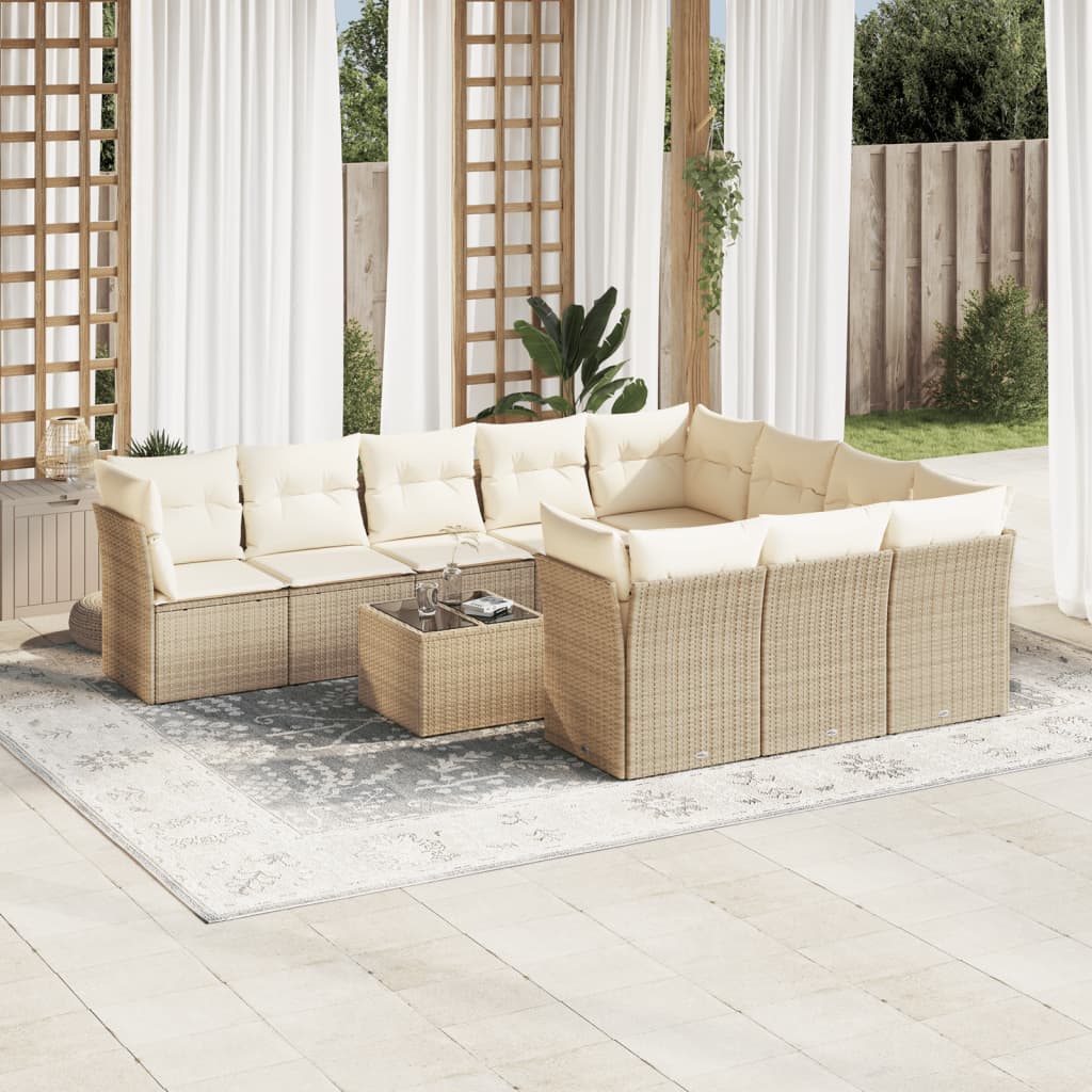 11-delige Tuinset met kussens poly rattan beige