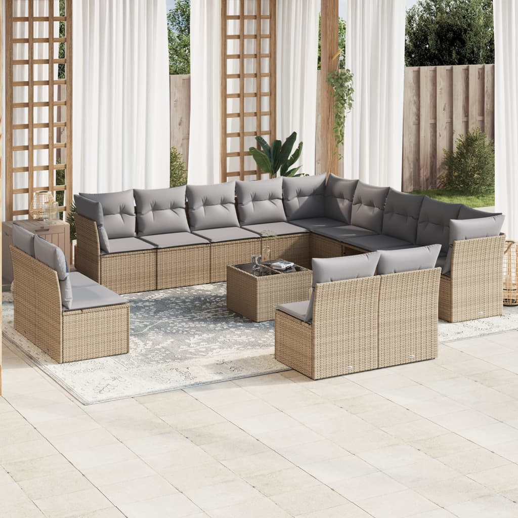 14-delige Loungeset met kussens poly rattan beige – afbeelding 1