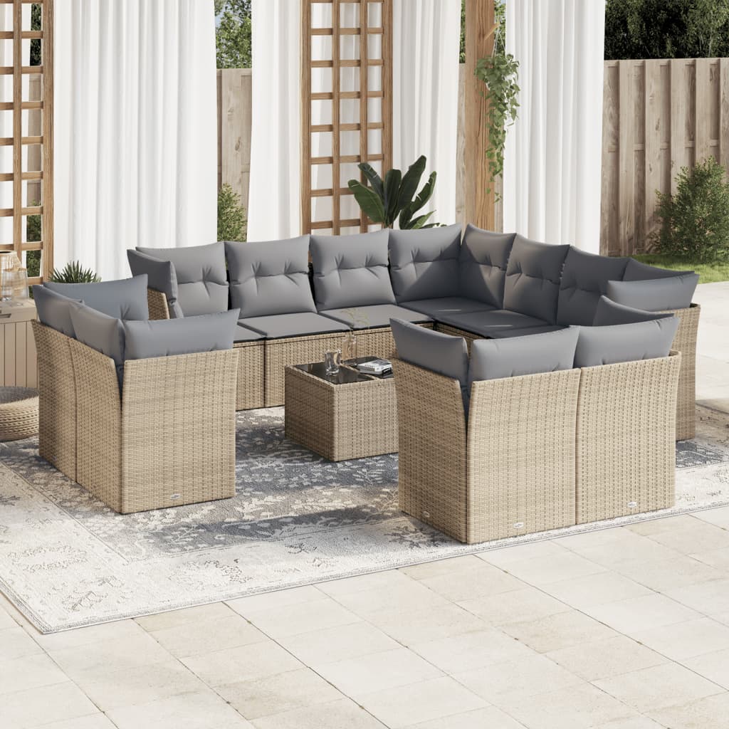 12-delige Loungeset met kussens poly rattan beige – afbeelding 1
