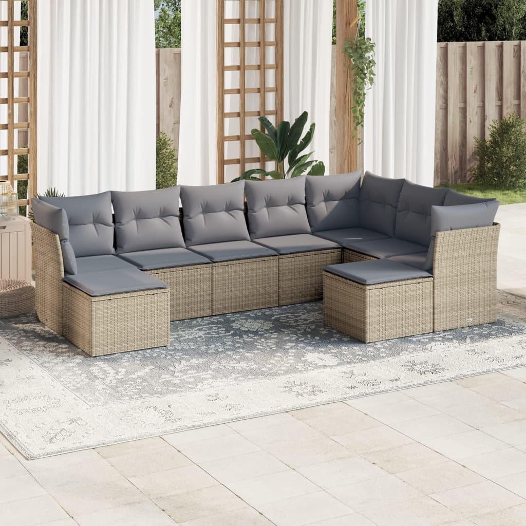 9-delige Loungeset met kussens poly rattan beige – afbeelding 1