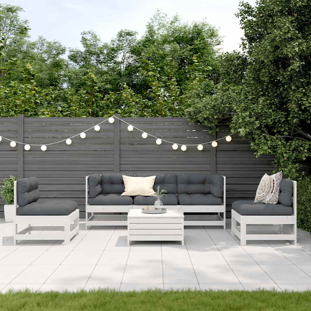 6-delige Loungeset met kussens massief grenenhout wit – afbeelding 1