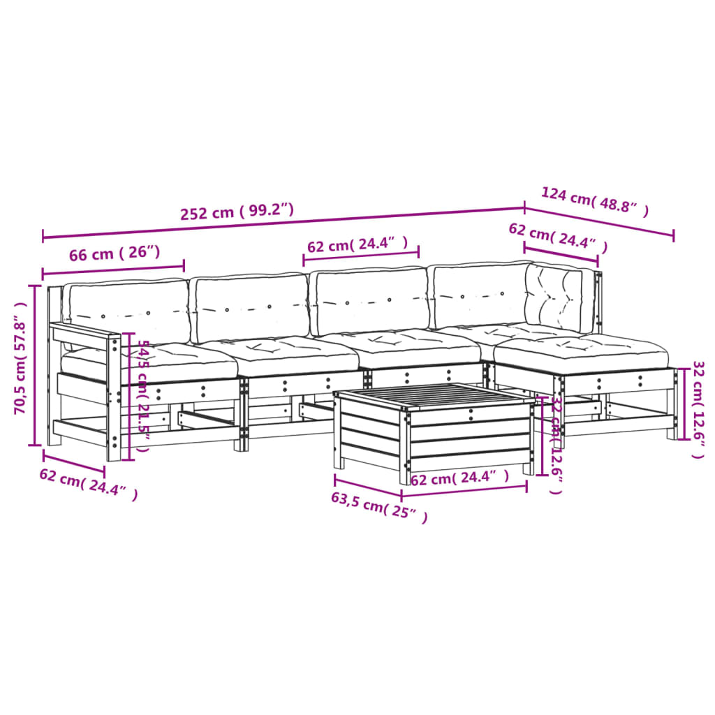 6-delige Loungeset met kussens massief grenenhout wit – afbeelding 11