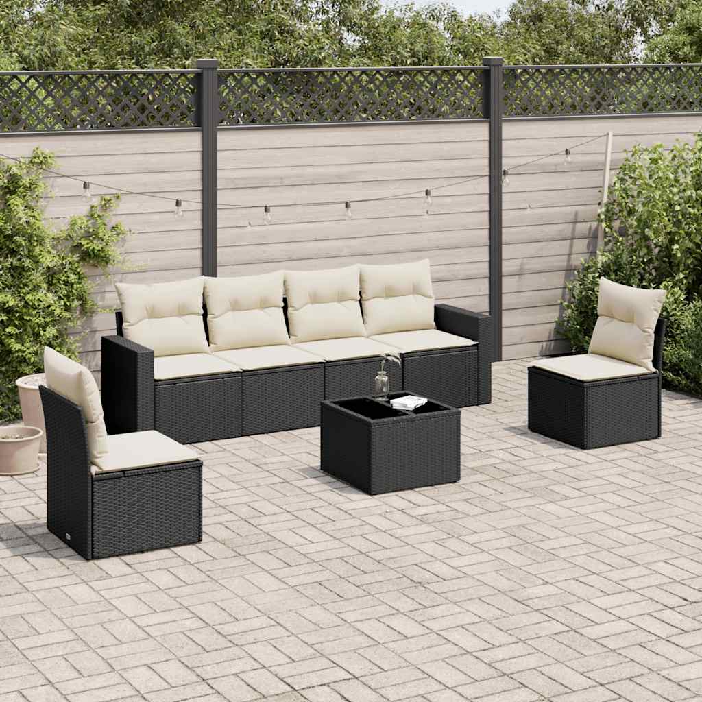 7-delige Loungeset met kussens poly rattan zwart – afbeelding 1