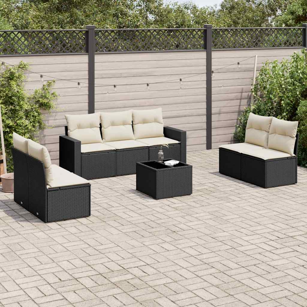 8-delige Loungeset met kussens poly rattan zwart – afbeelding 1