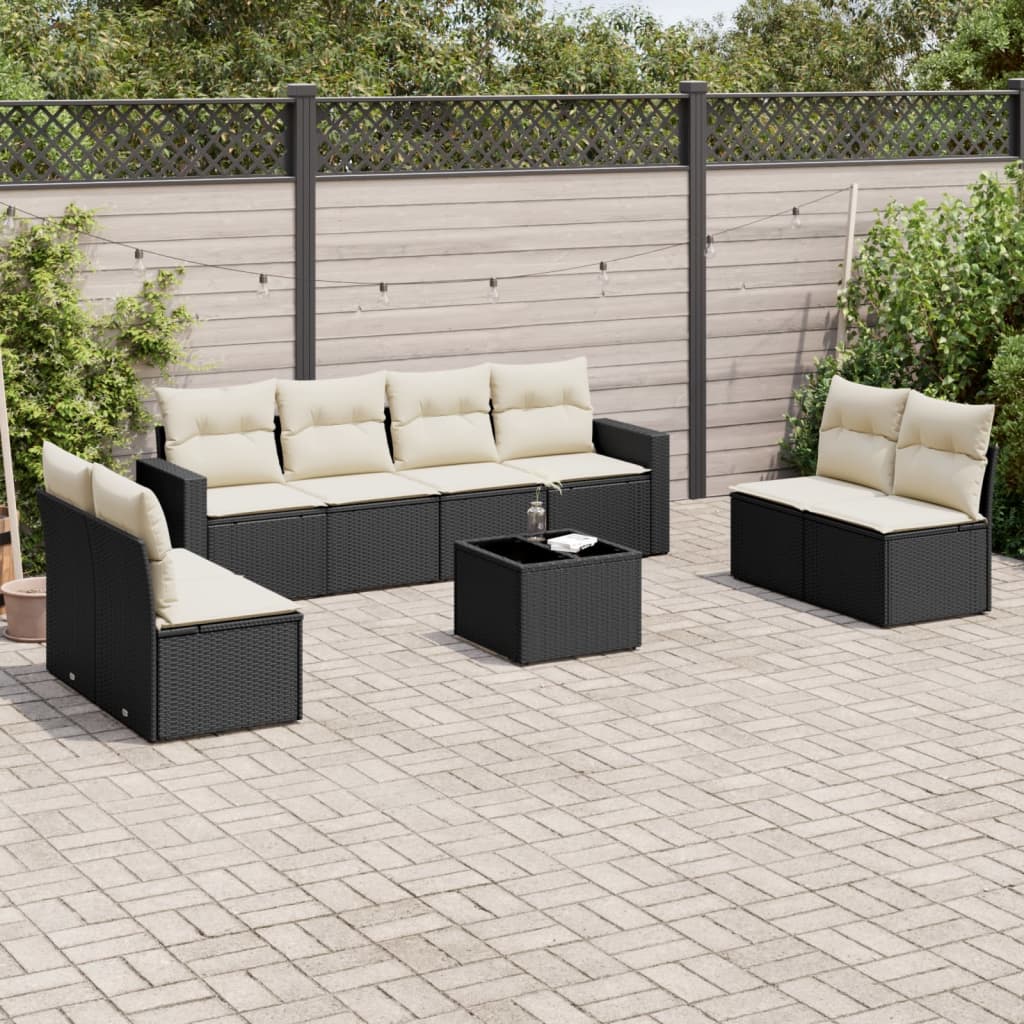 9-delige Loungeset met kussens poly rattan zwart – afbeelding 1