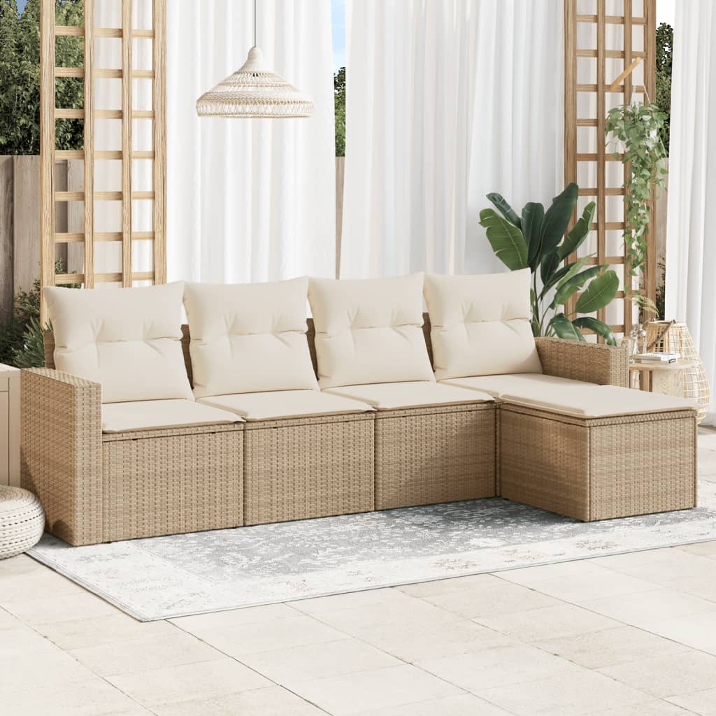 5-delige Loungeset met kussens poly rattan beige