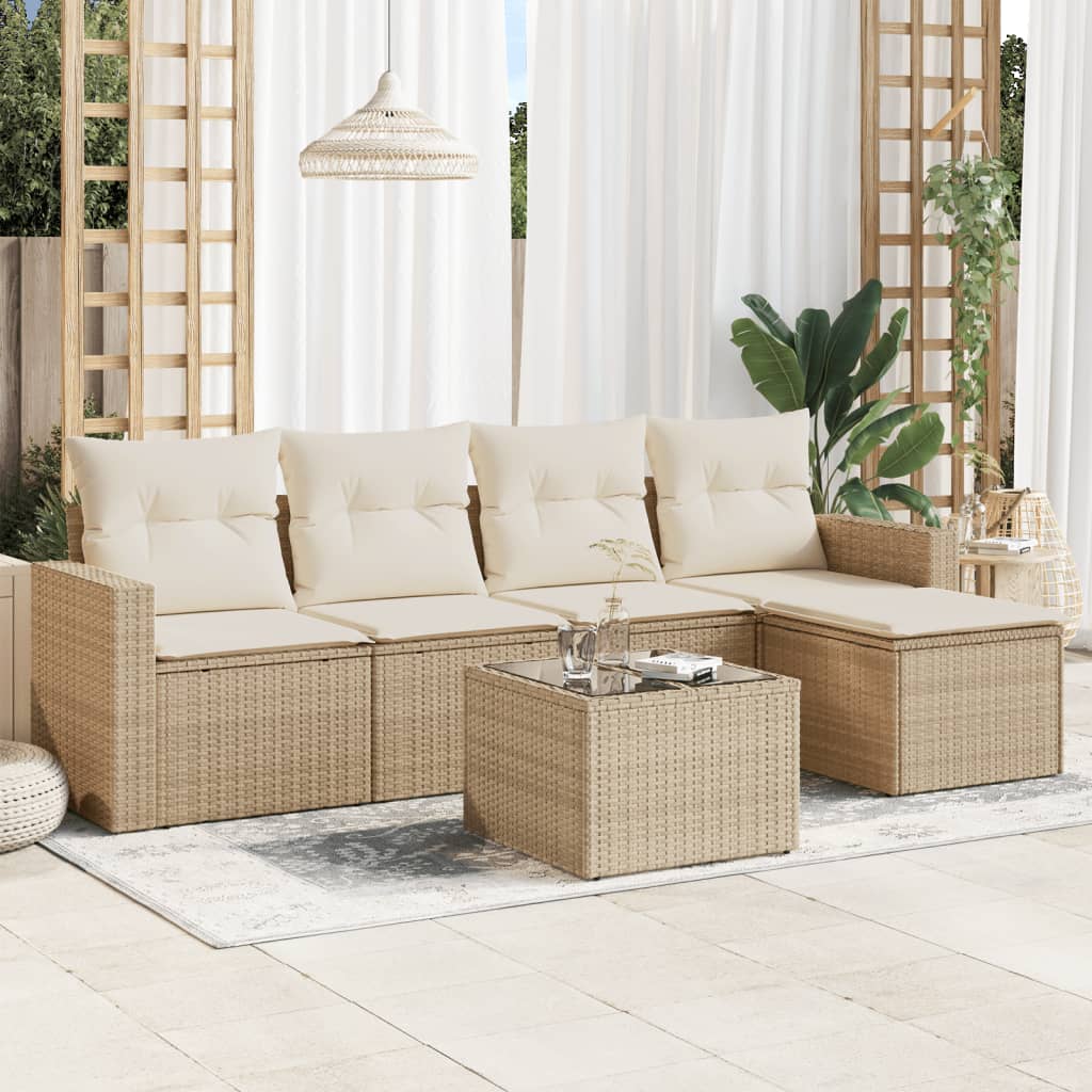 6-delige Loungeset met kussens poly rattan beige