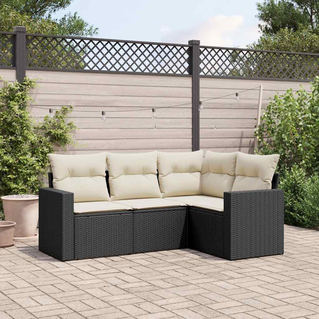 4-delige Loungeset met kussens poly rattan zwart – afbeelding 1