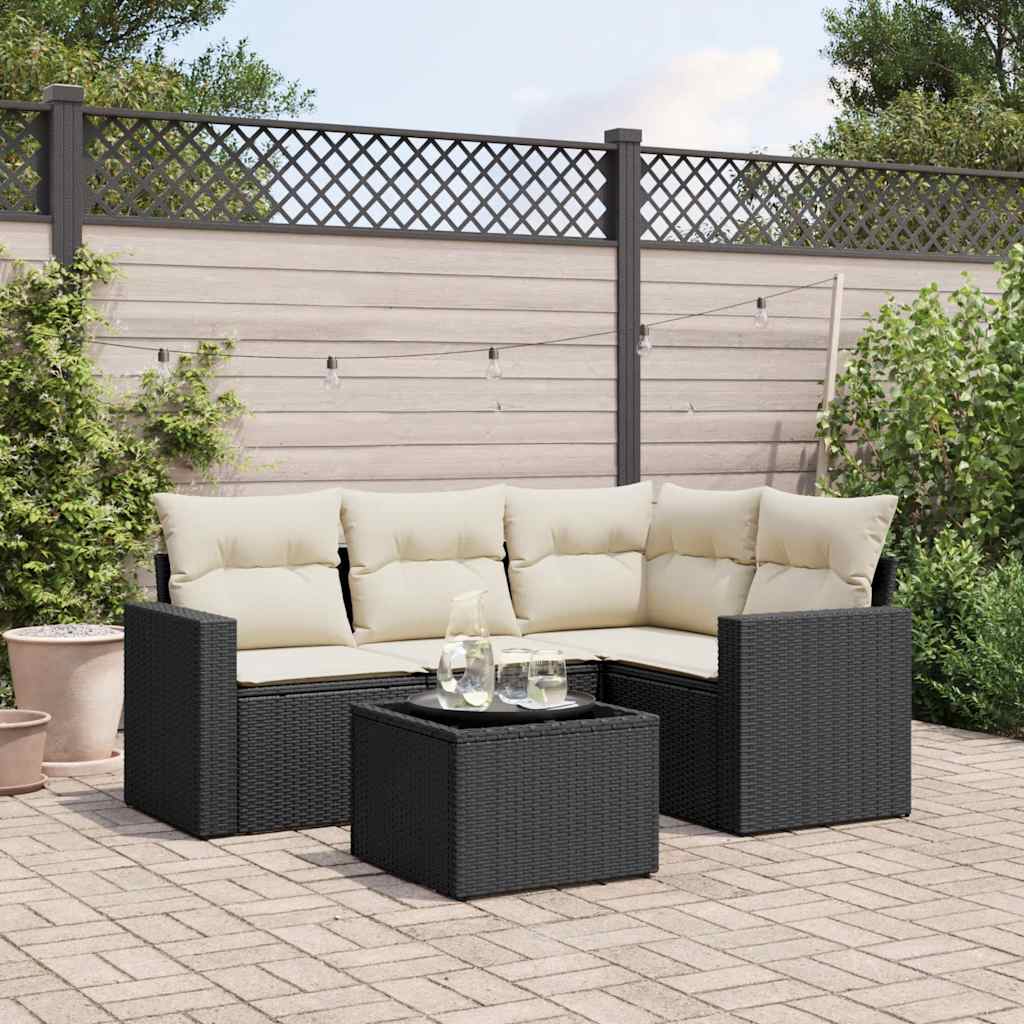 5-delige Loungeset met kussens poly rattan zwart – afbeelding 1