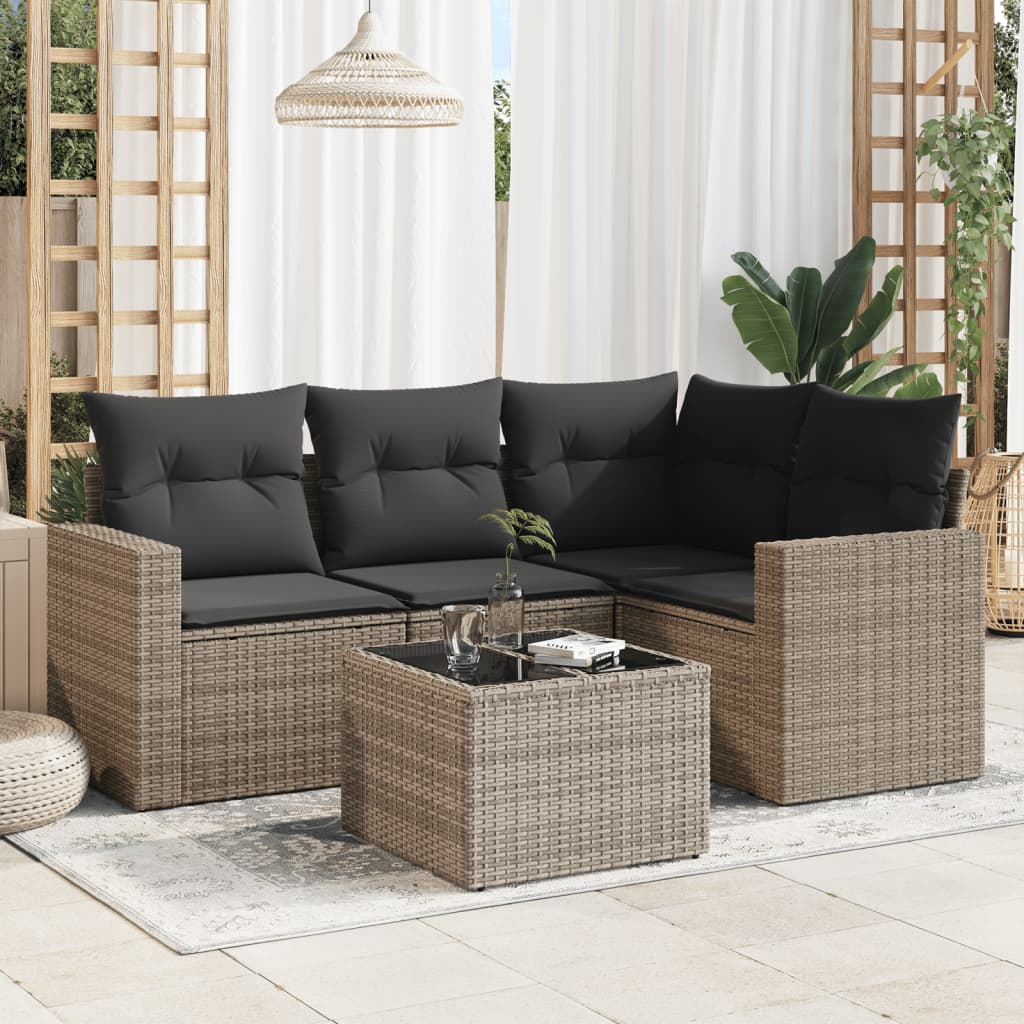 5-delige Loungeset met kussens poly rattan grijs – afbeelding 1