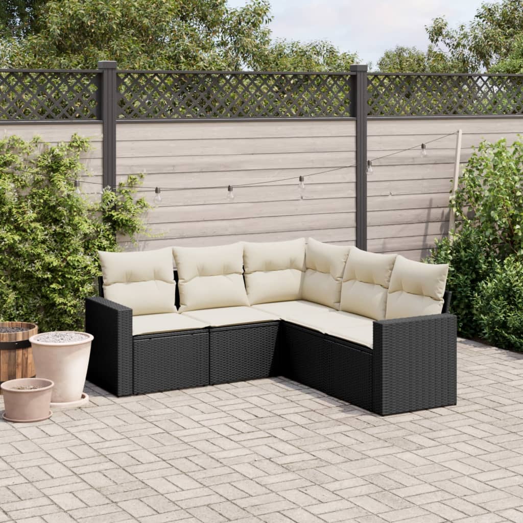 5-delige Loungeset met kussens poly rattan zwart