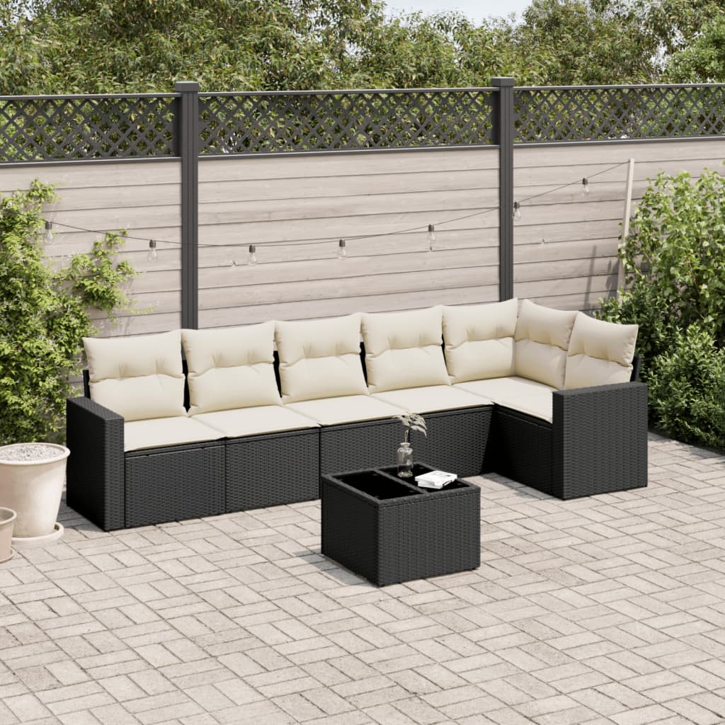 7-delige Loungeset met kussens poly rattan zwart – afbeelding 1