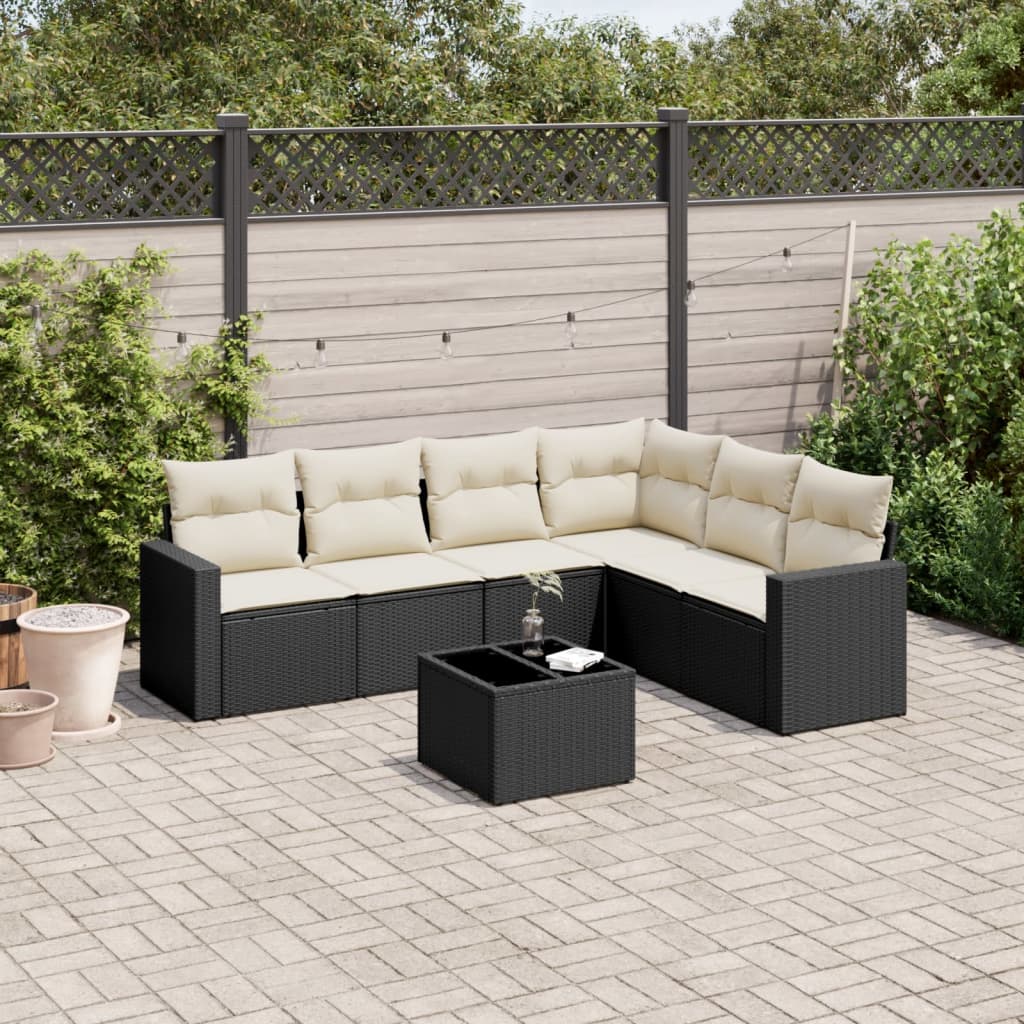 7-delige Loungeset met kussens poly rattan zwart – afbeelding 1
