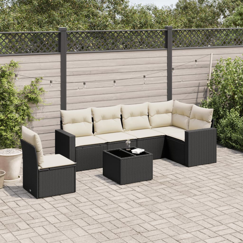 7-delige Loungeset met kussens poly rattan zwart – afbeelding 1