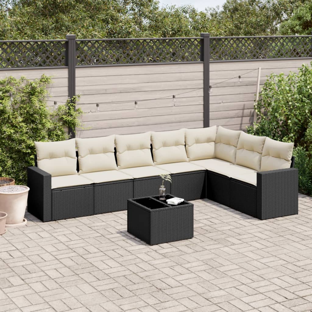 8-delige Loungeset met kussens poly rattan zwart – afbeelding 1