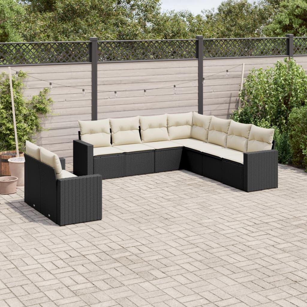 9-delige Loungeset met kussens poly rattan zwart – afbeelding 1