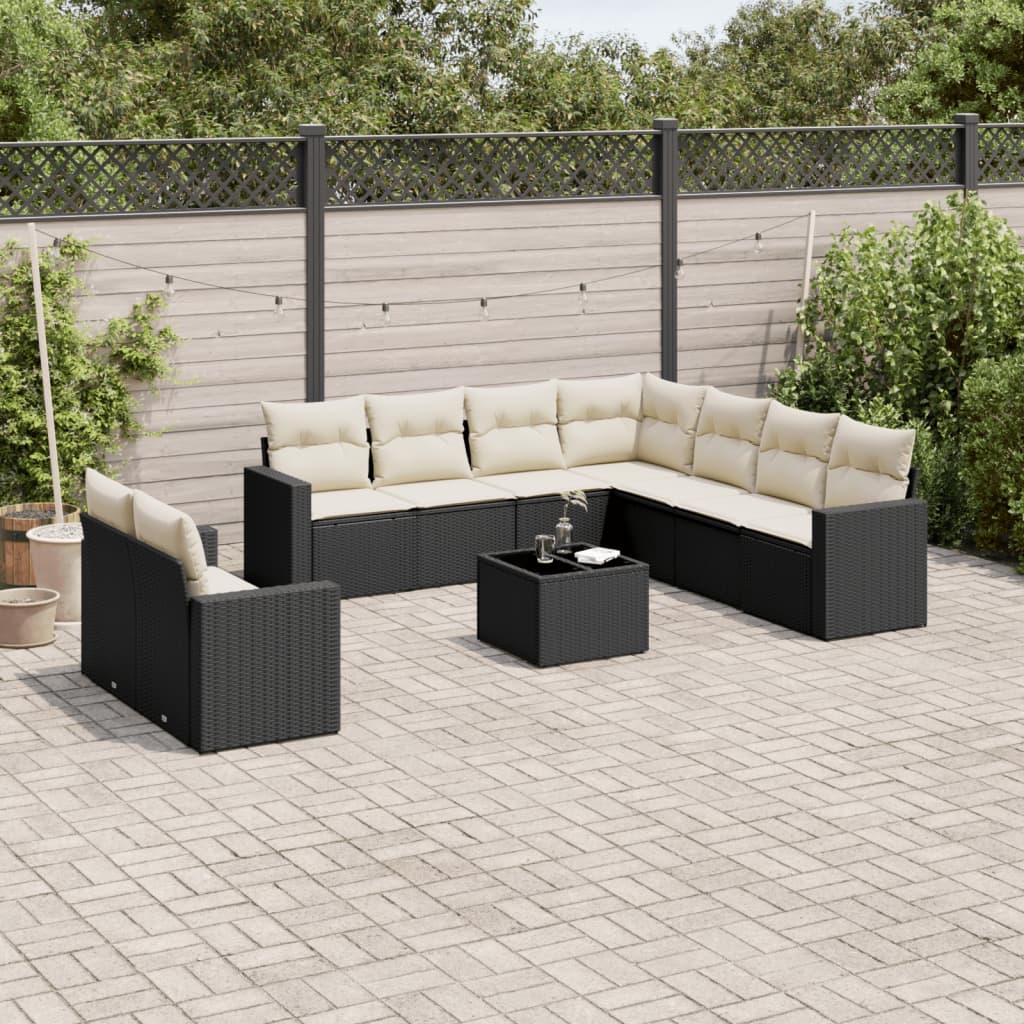 10-delige Loungeset met kussens poly rattan zwart – afbeelding 1