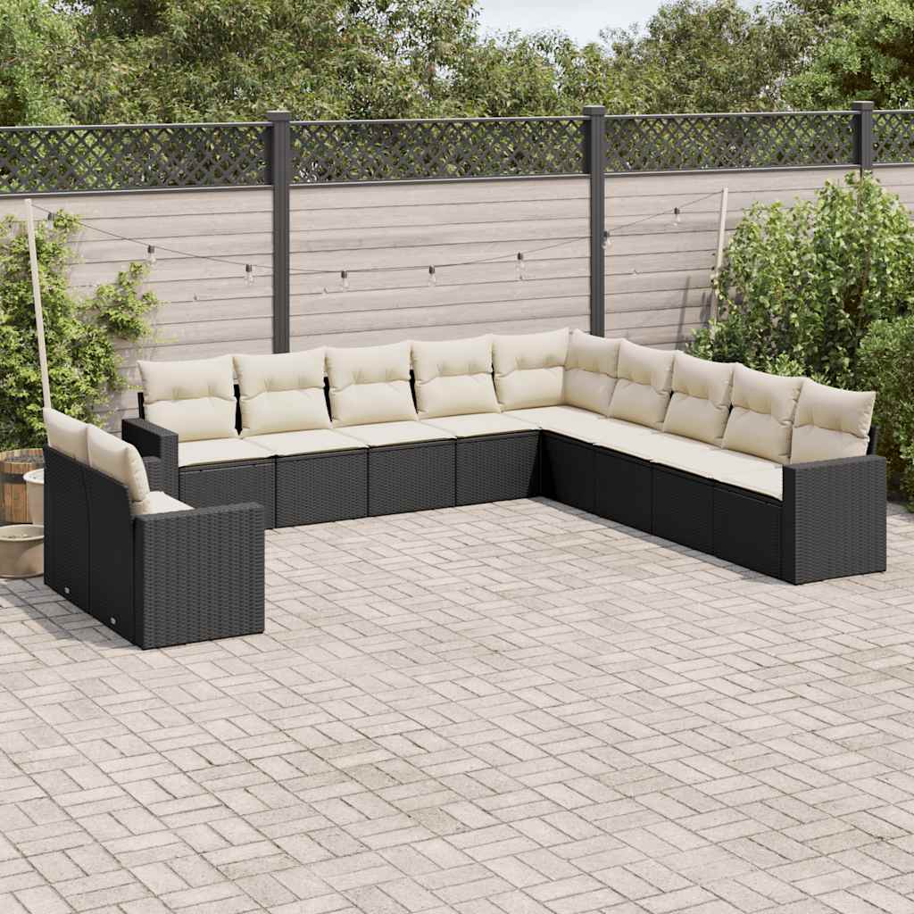 11-delige Loungeset met kussens poly rattan zwart – afbeelding 1