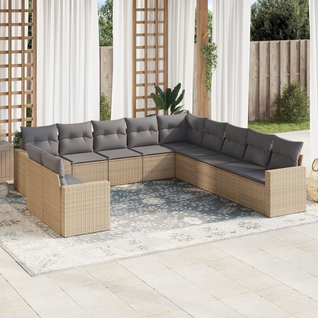 11-delige Tuinset met kussens poly rattan beige – afbeelding 1
