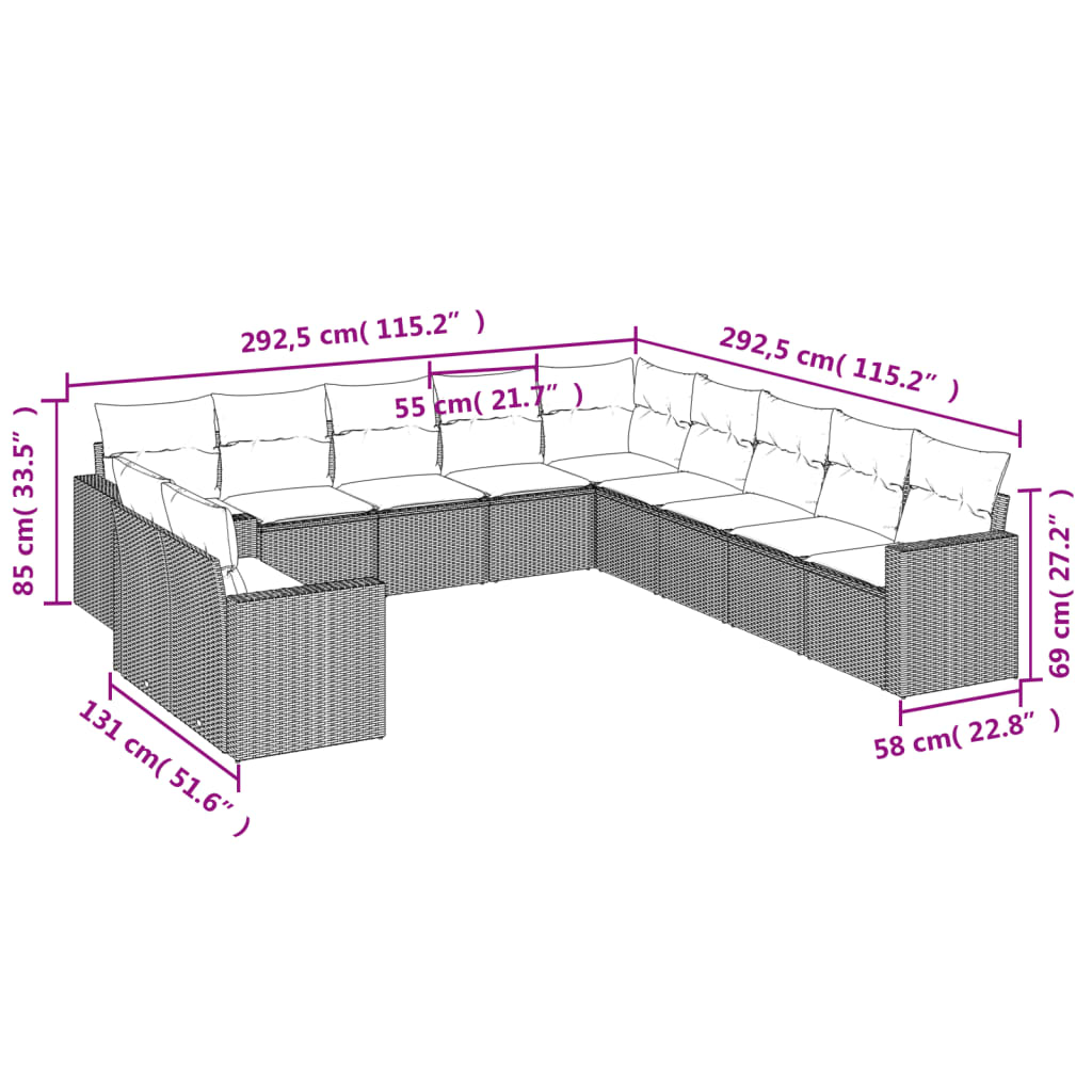 11-delige Tuinset met kussens poly rattan beige – afbeelding 3